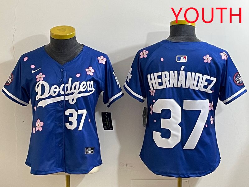 Youth Los Angeles Dodgers 37 Hernandez Blue Sakura Edition 2025 Nike MLB Jersey style 3